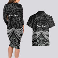 Personalised Toitu Te Tiriti Aotearoa Silver Fern Couples Matching Long Sleeve Bodycon Dress and Hawaiian Shirt New Zealand Maori Pattern LT01 - Polynesian Pride