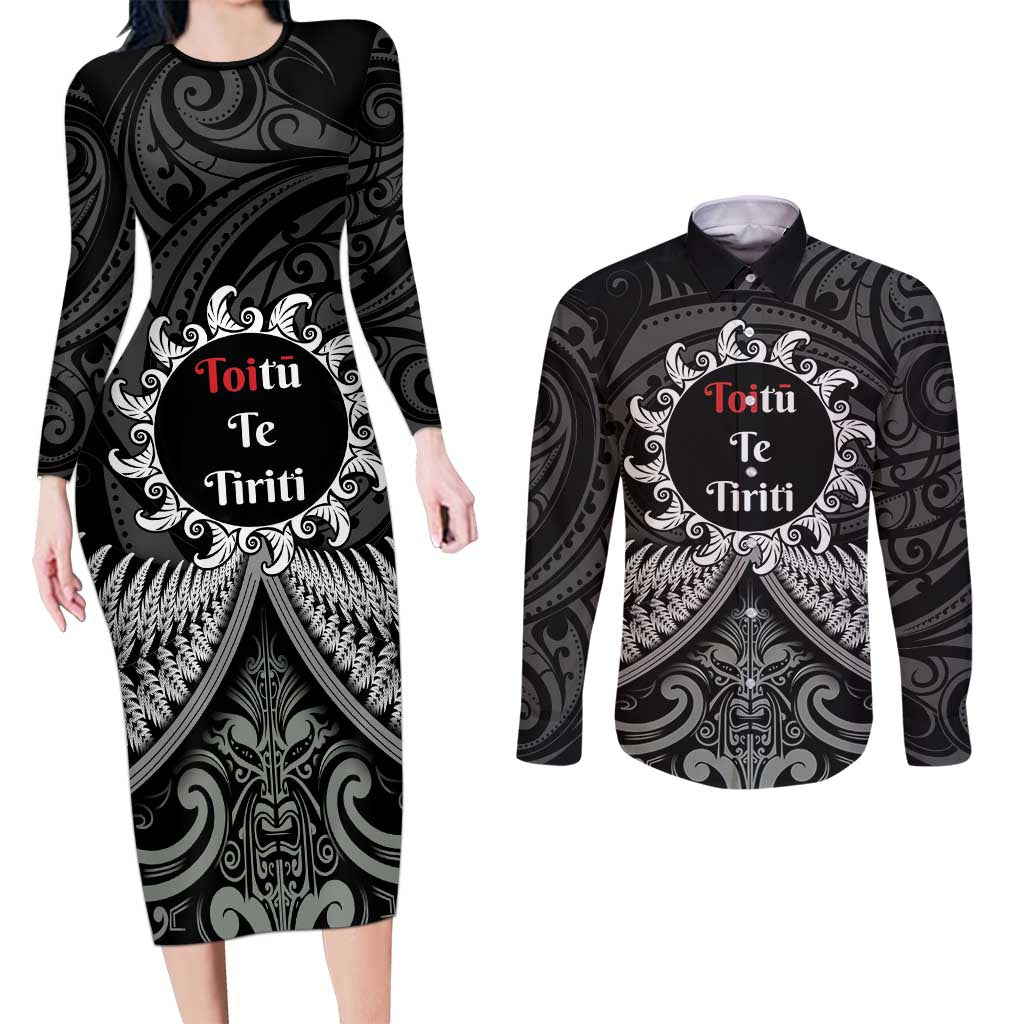 Personalised Toitu Te Tiriti Aotearoa Silver Fern Couples Matching Long Sleeve Bodycon Dress and Long Sleeve Button Shirt New Zealand Maori Pattern LT01 Black - Polynesian Pride