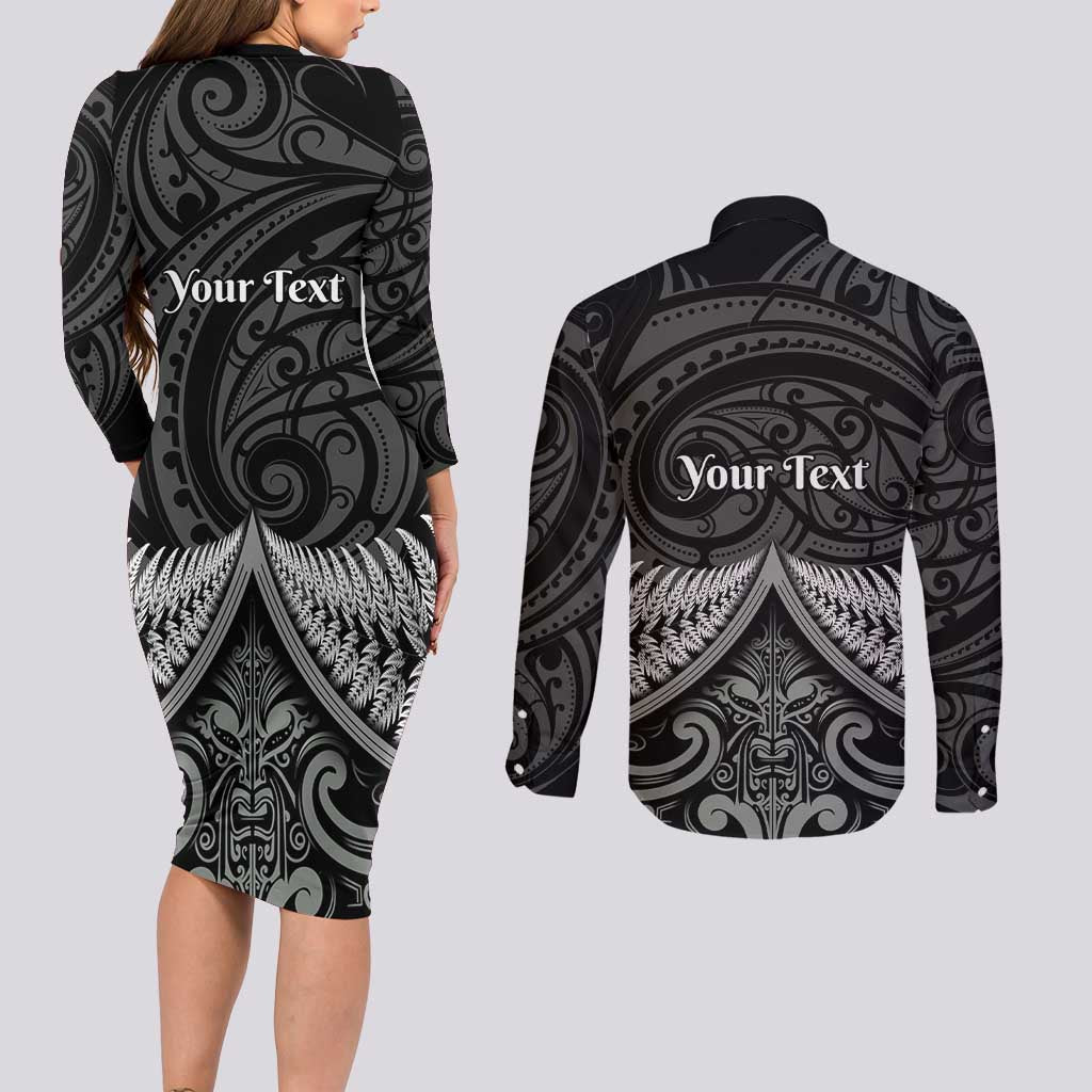 Personalised Toitu Te Tiriti Aotearoa Silver Fern Couples Matching Long Sleeve Bodycon Dress and Long Sleeve Button Shirt New Zealand Maori Pattern LT01 - Polynesian Pride