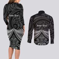 Personalised Toitu Te Tiriti Aotearoa Silver Fern Couples Matching Long Sleeve Bodycon Dress and Long Sleeve Button Shirt New Zealand Maori Pattern LT01 - Polynesian Pride