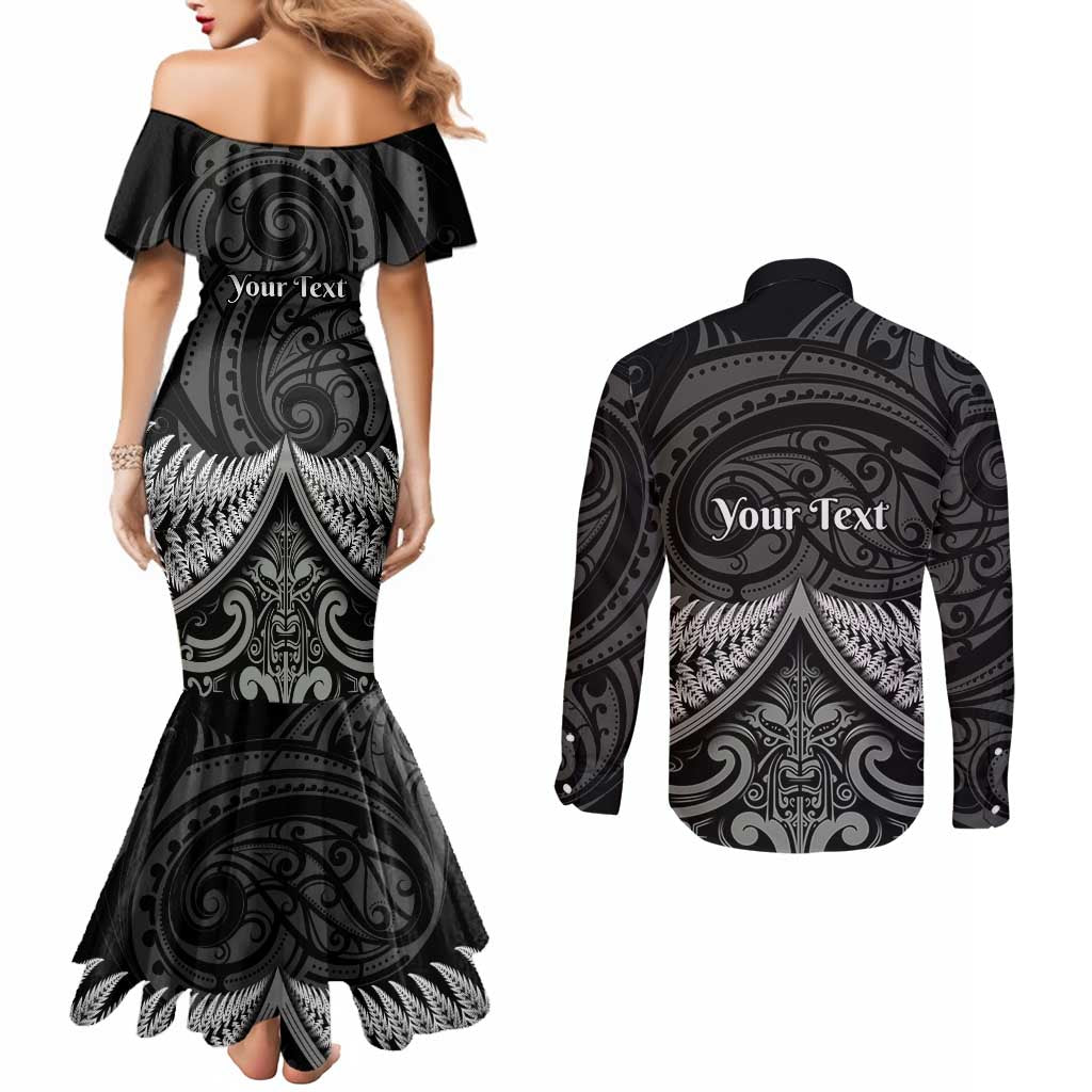 Personalised Toitu Te Tiriti Aotearoa Silver Fern Couples Matching Mermaid Dress and Long Sleeve Button Shirt New Zealand Maori Pattern LT01 - Polynesian Pride
