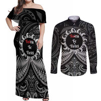 Personalised Toitu Te Tiriti Aotearoa Silver Fern Couples Matching Off Shoulder Maxi Dress and Long Sleeve Button Shirt New Zealand Maori Pattern LT01 Black - Polynesian Pride