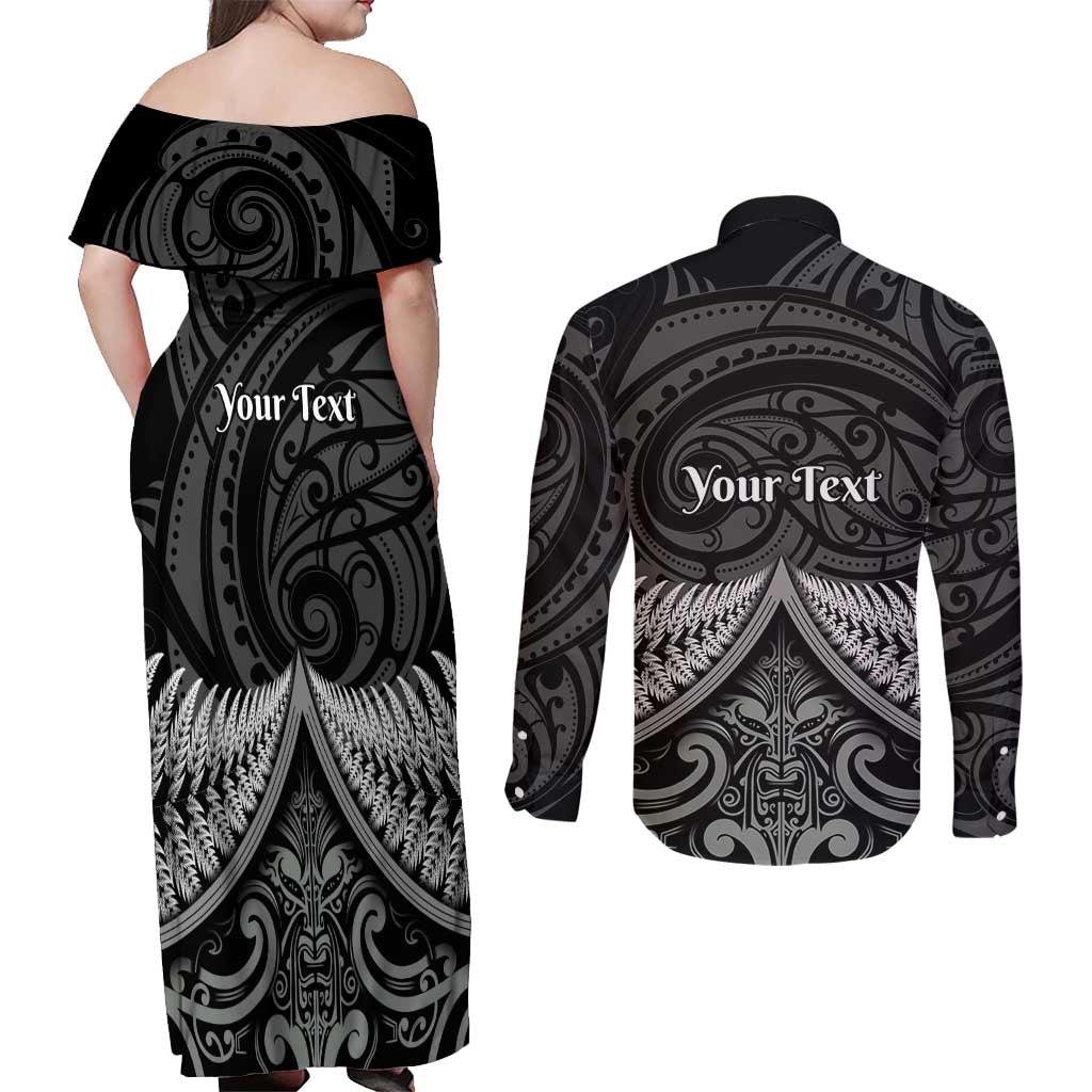 Personalised Toitu Te Tiriti Aotearoa Silver Fern Couples Matching Off Shoulder Maxi Dress and Long Sleeve Button Shirt New Zealand Maori Pattern LT01 - Polynesian Pride