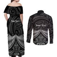 Personalised Toitu Te Tiriti Aotearoa Silver Fern Couples Matching Off Shoulder Maxi Dress and Long Sleeve Button Shirt New Zealand Maori Pattern LT01 - Polynesian Pride