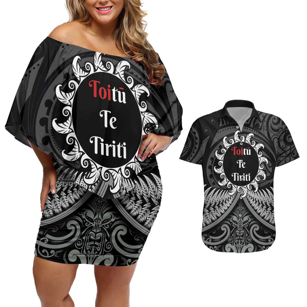 Personalised Toitu Te Tiriti Aotearoa Silver Fern Couples Matching Off Shoulder Short Dress and Hawaiian Shirt New Zealand Maori Pattern LT01 Black - Polynesian Pride