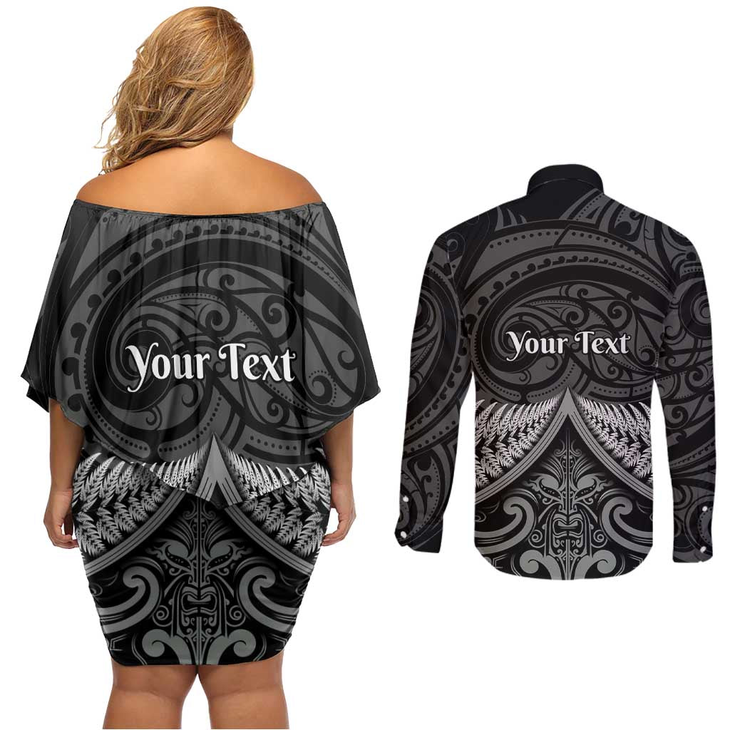 Personalised Toitu Te Tiriti Aotearoa Silver Fern Couples Matching Off Shoulder Short Dress and Long Sleeve Button Shirt New Zealand Maori Pattern LT01 - Polynesian Pride
