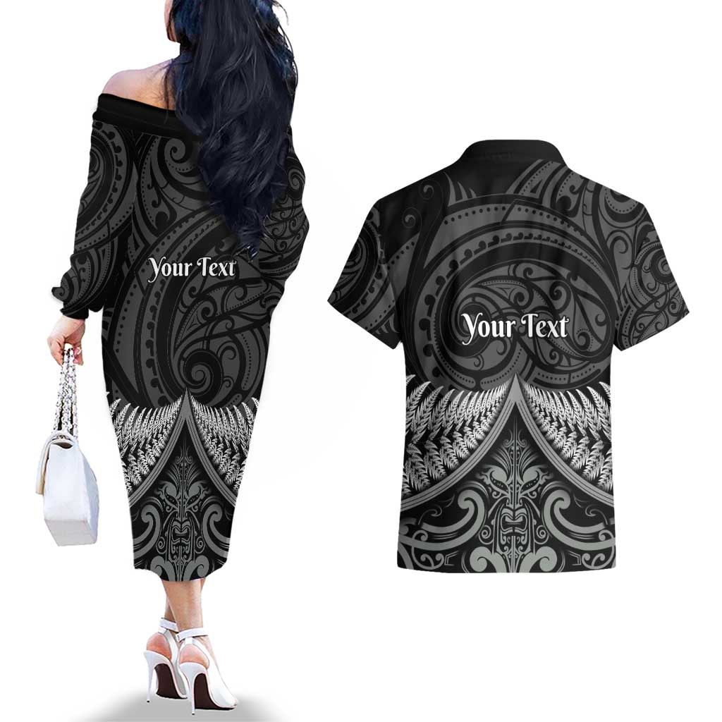 Personalised Toitu Te Tiriti Aotearoa Silver Fern Couples Matching Off The Shoulder Long Sleeve Dress and Hawaiian Shirt New Zealand Maori Pattern LT01 - Polynesian Pride