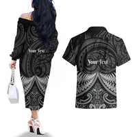 Personalised Toitu Te Tiriti Aotearoa Silver Fern Couples Matching Off The Shoulder Long Sleeve Dress and Hawaiian Shirt New Zealand Maori Pattern LT01 - Polynesian Pride