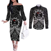 Personalised Toitu Te Tiriti Aotearoa Silver Fern Couples Matching Off The Shoulder Long Sleeve Dress and Long Sleeve Button Shirt New Zealand Maori Pattern LT01 Black - Polynesian Pride