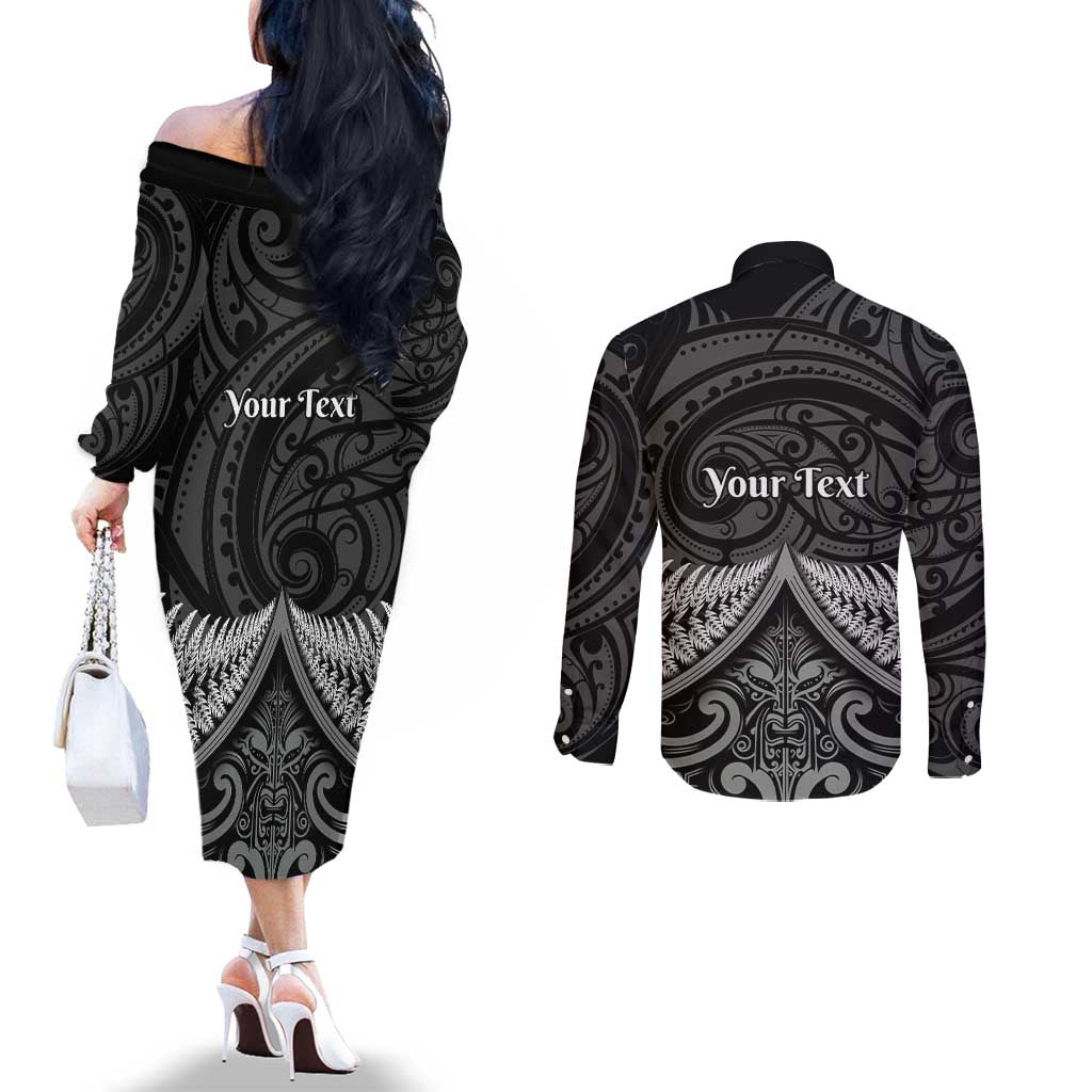 Personalised Toitu Te Tiriti Aotearoa Silver Fern Couples Matching Off The Shoulder Long Sleeve Dress and Long Sleeve Button Shirt New Zealand Maori Pattern LT01 - Polynesian Pride