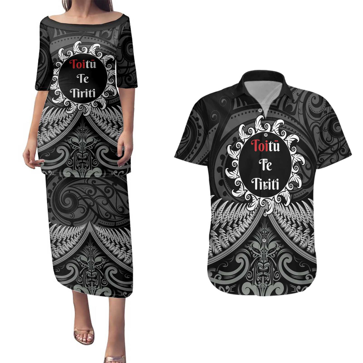 Personalised Toitu Te Tiriti Aotearoa Silver Fern Couples Matching Puletasi and Hawaiian Shirt New Zealand Maori Pattern LT01 Black - Polynesian Pride