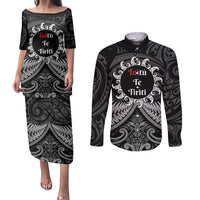Personalised Toitu Te Tiriti Aotearoa Silver Fern Couples Matching Puletasi and Long Sleeve Button Shirt New Zealand Maori Pattern LT01 Black - Polynesian Pride