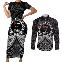 Personalised Toitu Te Tiriti Aotearoa Silver Fern Couples Matching Short Sleeve Bodycon Dress and Long Sleeve Button Shirt New Zealand Maori Pattern LT01 Black - Polynesian Pride