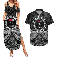 Personalised Toitu Te Tiriti Aotearoa Silver Fern Couples Matching Summer Maxi Dress and Hawaiian Shirt New Zealand Maori Pattern LT01 Black - Polynesian Pride