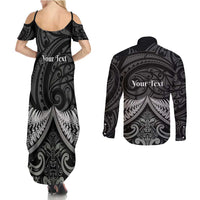 Personalised Toitu Te Tiriti Aotearoa Silver Fern Couples Matching Summer Maxi Dress and Long Sleeve Button Shirt New Zealand Maori Pattern LT01 - Polynesian Pride