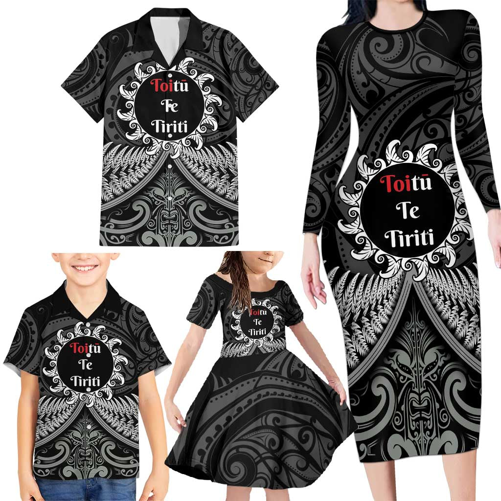 Personalised Toitu Te Tiriti Aotearoa Silver Fern Family Matching Long Sleeve Bodycon Dress and Hawaiian Shirt New Zealand Maori Pattern LT01 - Polynesian Pride
