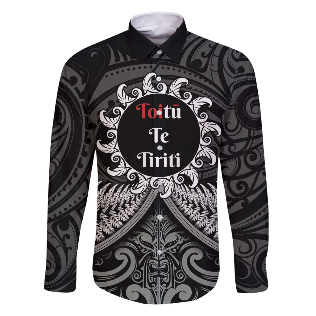 Personalised Toitu Te Tiriti Aotearoa Silver Fern Family Matching Mermaid Dress and Hawaiian Shirt New Zealand Maori Pattern LT01 Dad's Shirt - Long Sleeve Black - Polynesian Pride