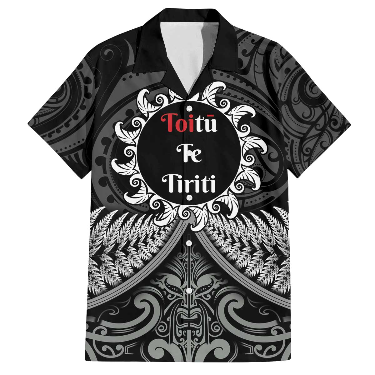 Personalised Toitu Te Tiriti Aotearoa Silver Fern Family Matching Off The Shoulder Long Sleeve Dress and Hawaiian Shirt New Zealand Maori Pattern LT01 Dad's Shirt - Short Sleeve Black - Polynesian Pride