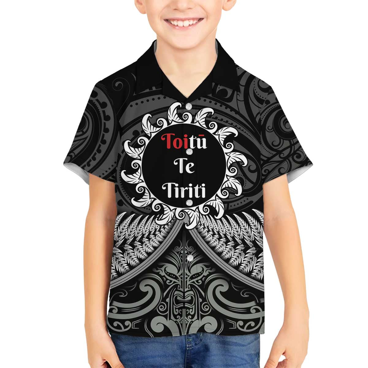 Personalised Toitu Te Tiriti Aotearoa Silver Fern Family Matching Off The Shoulder Long Sleeve Dress and Hawaiian Shirt New Zealand Maori Pattern LT01 Son's Shirt Black - Polynesian Pride