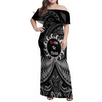 Personalised Toitu Te Tiriti Aotearoa Silver Fern Family Matching Off Shoulder Maxi Dress and Hawaiian Shirt New Zealand Maori Pattern LT01 Mom's Dress Black - Polynesian Pride