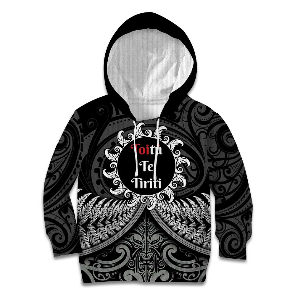 Personalised Toitu Te Tiriti Aotearoa Silver Fern Kid Hoodie New Zealand Maori Pattern LT01 Hoodie Black - Polynesian Pride