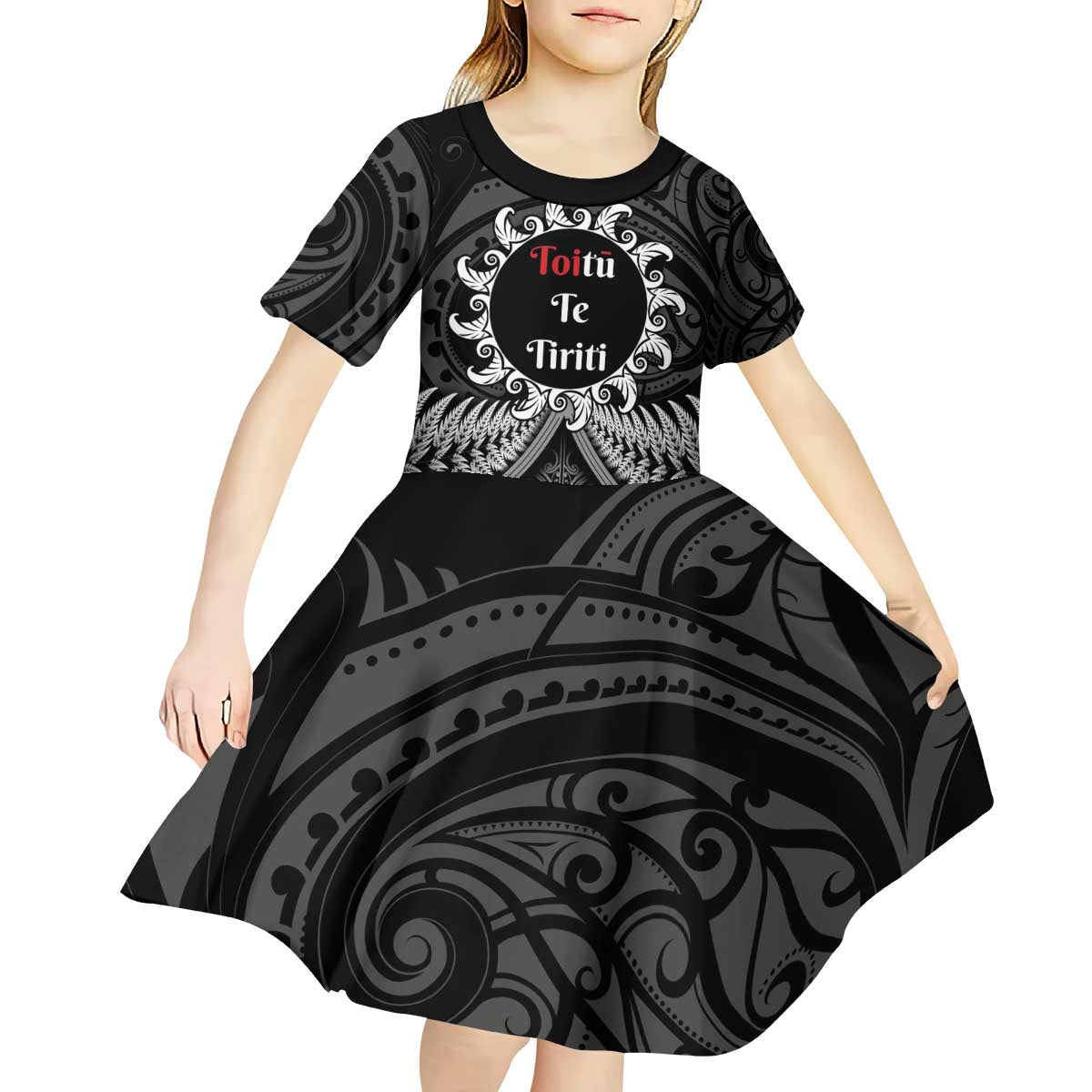 Personalised Toitu Te Tiriti Aotearoa Silver Fern Kid Short Sleeve Dress New Zealand Maori Pattern LT01 - Polynesian Pride