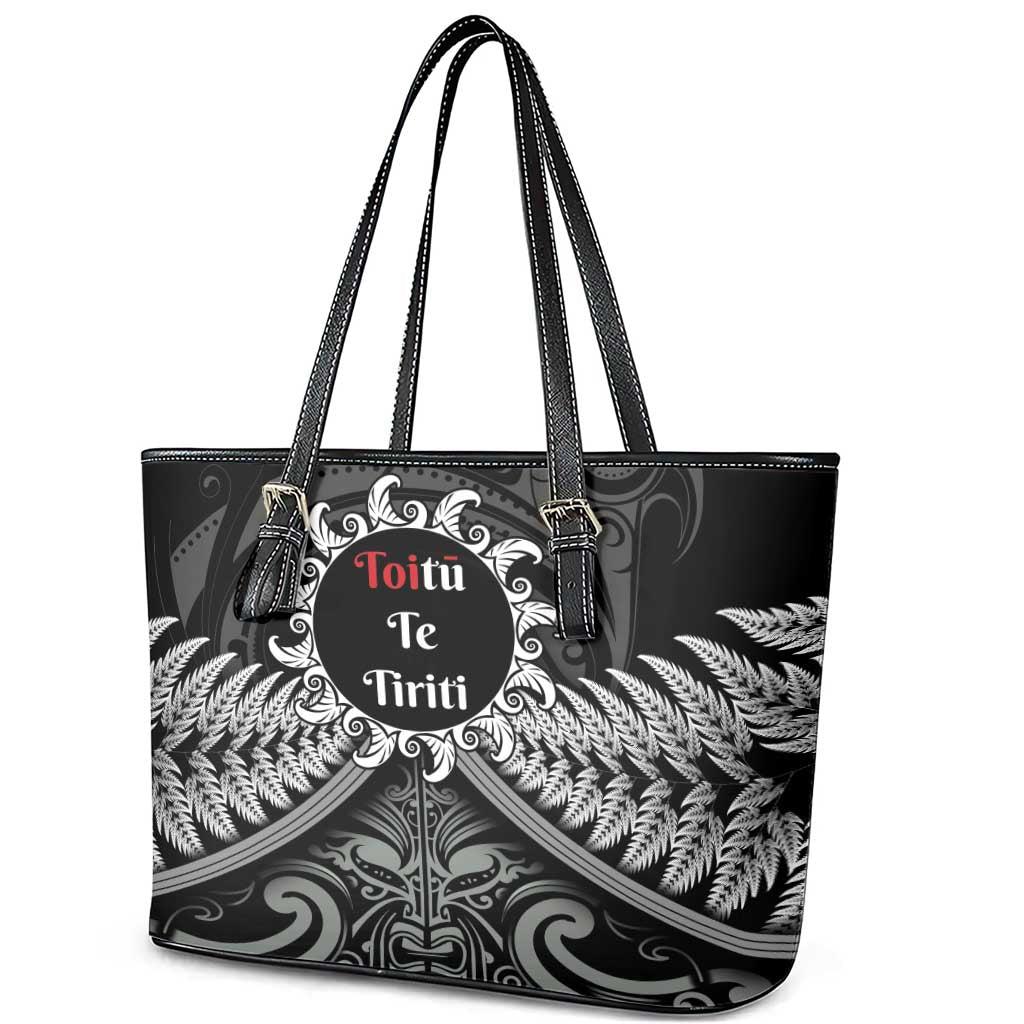 Toitu Te Tiriti Aotearoa Silver Fern Leather Tote Bag New Zealand Maori Pattern LT01 - Polynesian Pride