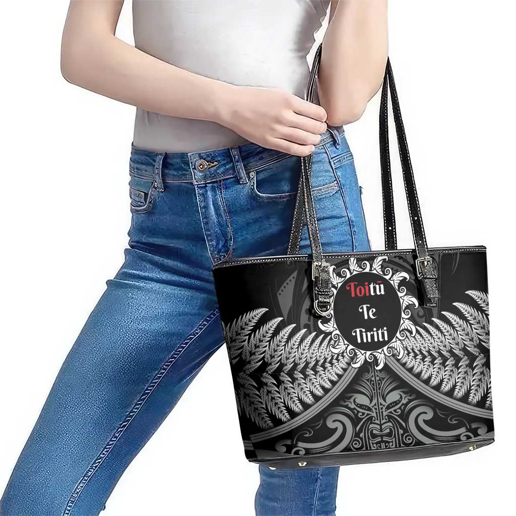 Toitu Te Tiriti Aotearoa Silver Fern Leather Tote Bag New Zealand Maori Pattern LT01 - Polynesian Pride