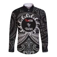 Personalised Toitu Te Tiriti Aotearoa Silver Fern Long Sleeve Button Shirt New Zealand Maori Pattern LT01 Unisex Black - Polynesian Pride