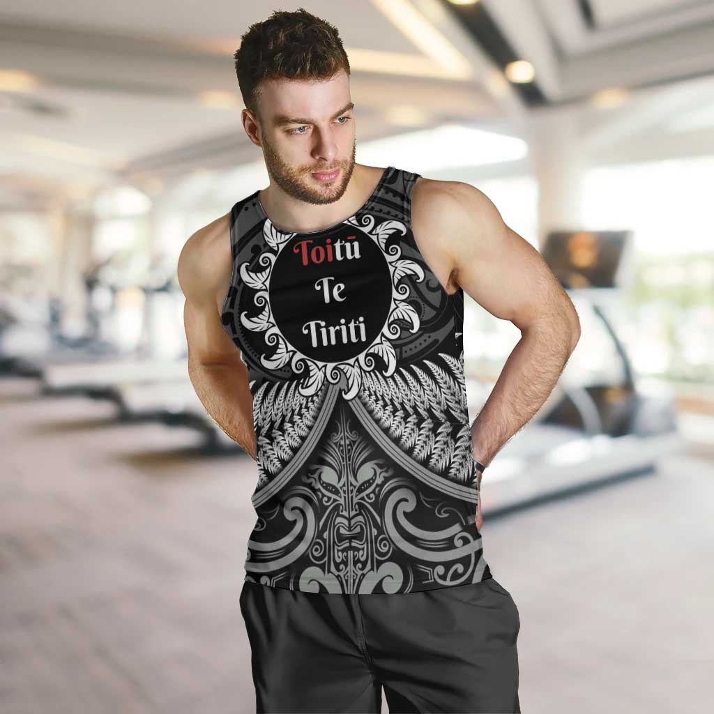Personalised Toitu Te Tiriti Aotearoa Silver Fern Men Tank Top New Zealand Maori Pattern LT01 Black - Polynesian Pride