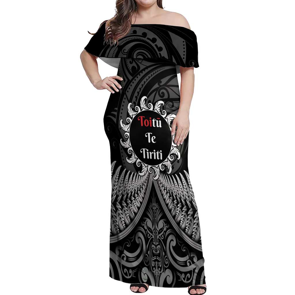 Personalised Toitu Te Tiriti Aotearoa Silver Fern Off Shoulder Maxi Dress New Zealand Maori Pattern LT01 Women Black - Polynesian Pride