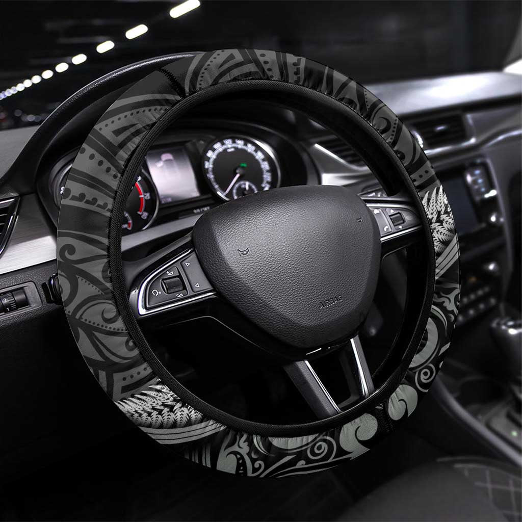 Toitu Te Tiriti Aotearoa Silver Fern Steering Wheel Cover New Zealand Maori Pattern LT01 Universal Fit Black - Polynesian Pride