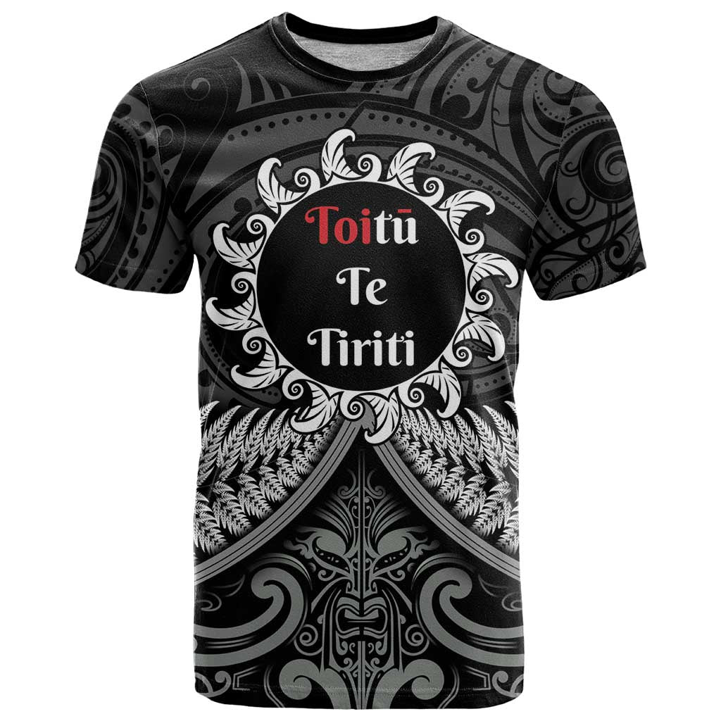 Personalised Toitu Te Tiriti Aotearoa Silver Fern T Shirt New Zealand Maori Pattern LT01 Black - Polynesian Pride