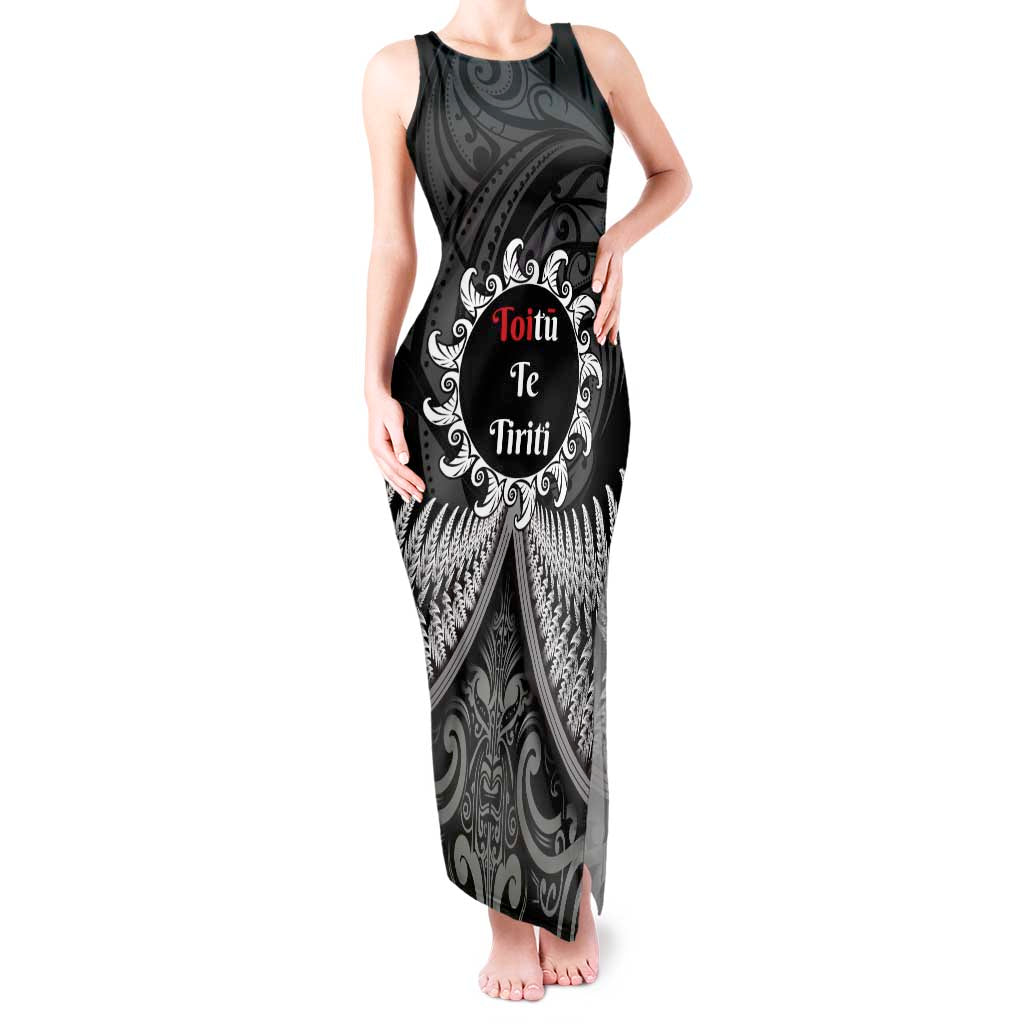 Personalised Toitu Te Tiriti Aotearoa Silver Fern Tank Maxi Dress New Zealand Maori Pattern LT01 Women Black - Polynesian Pride