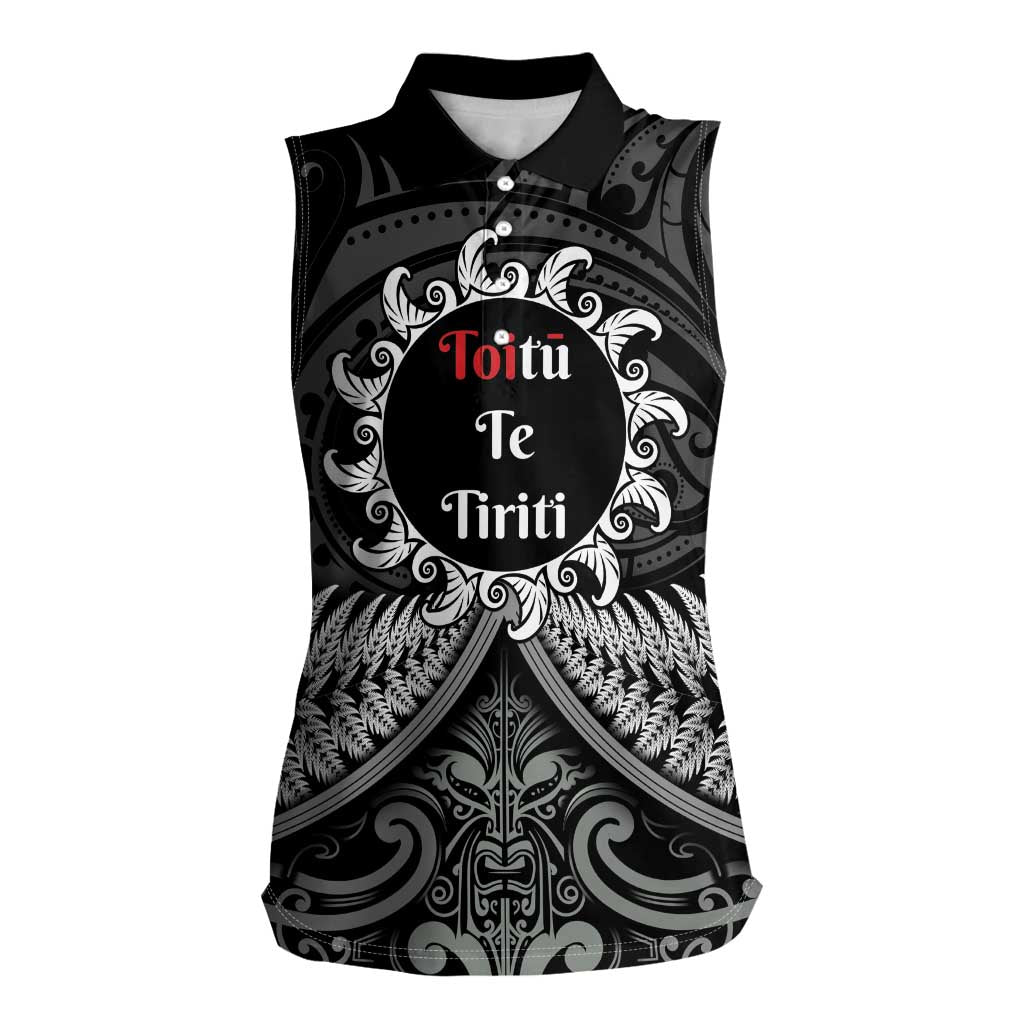 Personalised Toitu Te Tiriti Aotearoa Silver Fern Women Sleeveless Polo Shirt New Zealand Maori Pattern LT01 Female Black - Polynesian Pride
