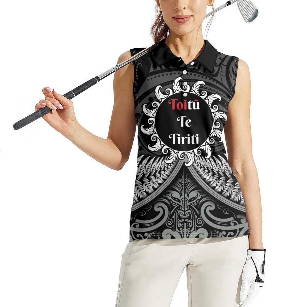 Personalised Toitu Te Tiriti Aotearoa Silver Fern Women Sleeveless Polo Shirt New Zealand Maori Pattern LT01 - Polynesian Pride