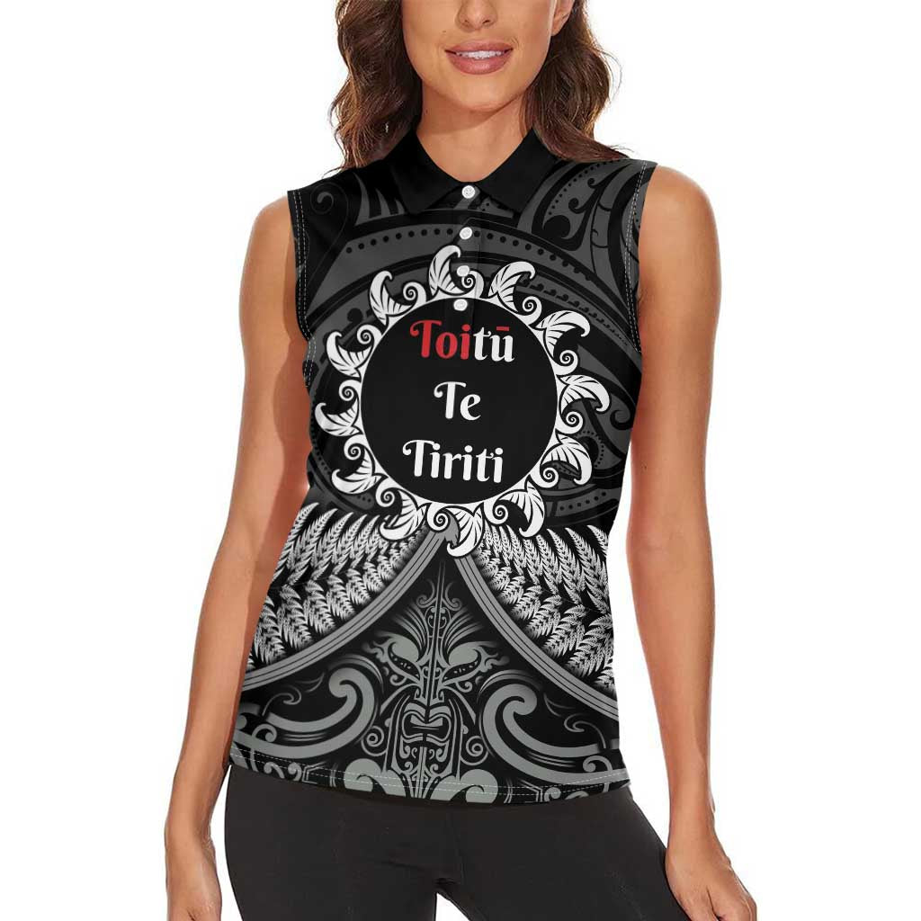 Personalised Toitu Te Tiriti Aotearoa Silver Fern Women Sleeveless Polo Shirt New Zealand Maori Pattern LT01 - Polynesian Pride