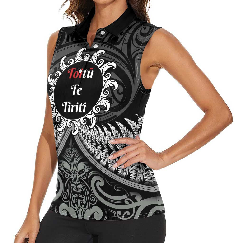 Personalised Toitu Te Tiriti Aotearoa Silver Fern Women Sleeveless Polo Shirt New Zealand Maori Pattern LT01 - Polynesian Pride