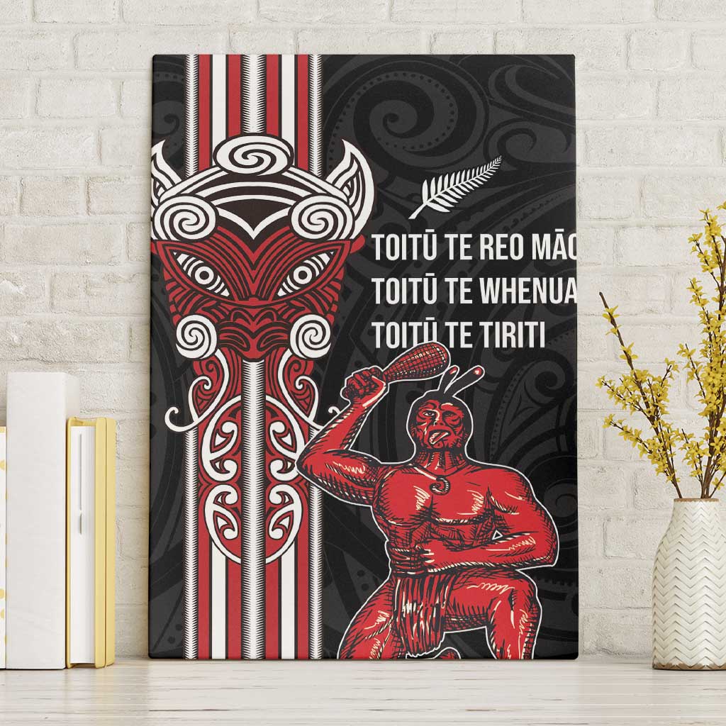Toitu Te Reo Maori Toitu Te Whenua Toitu Te Tiriti Canvas Wall Art Maori Warrior New Zealand LT01 Without Frame Black - Polynesian Pride