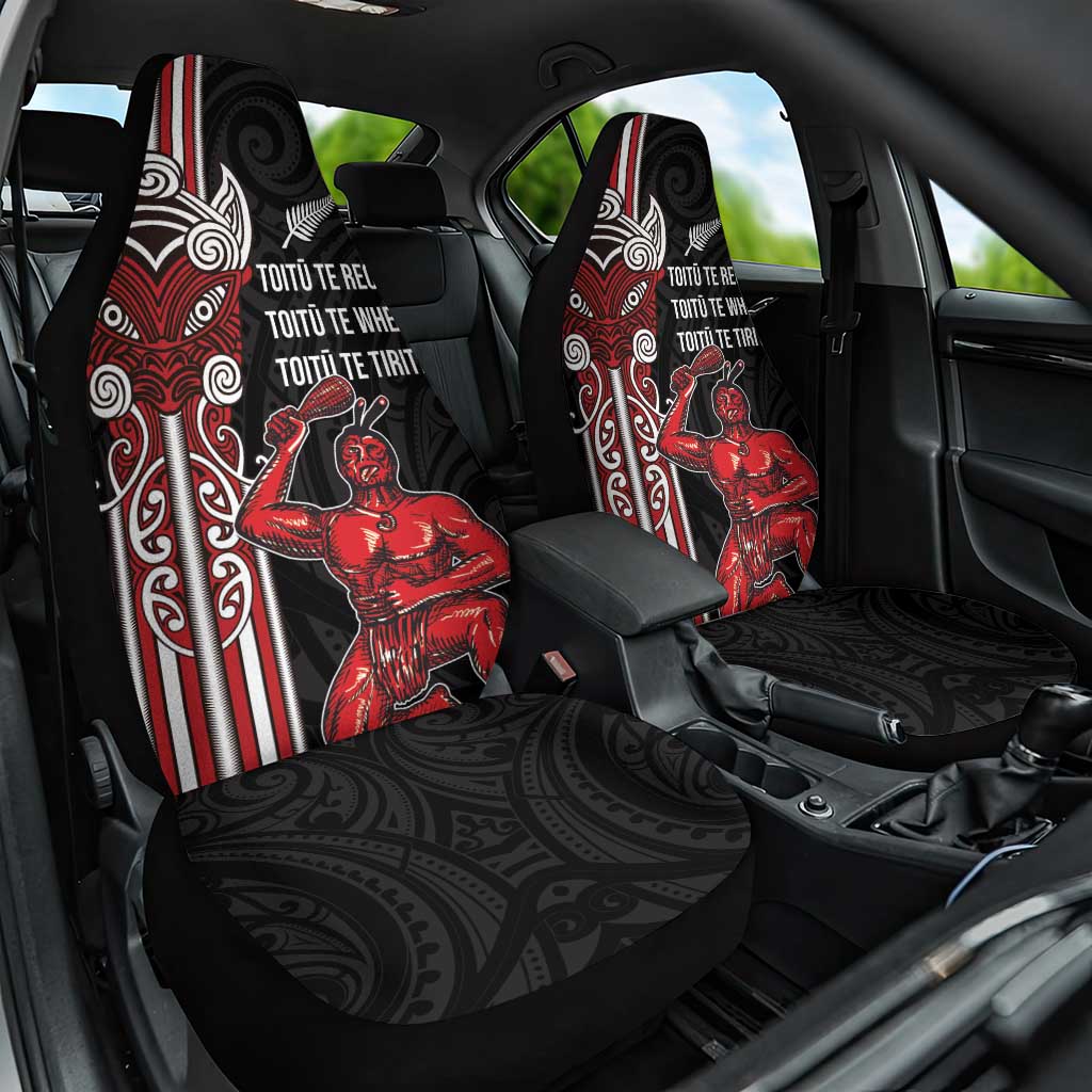Toitu Te Reo Maori Toitu Te Whenua Toitu Te Tiriti Car Seat Cover Maori Warrior New Zealand LT01 One Size Black - Polynesian Pride