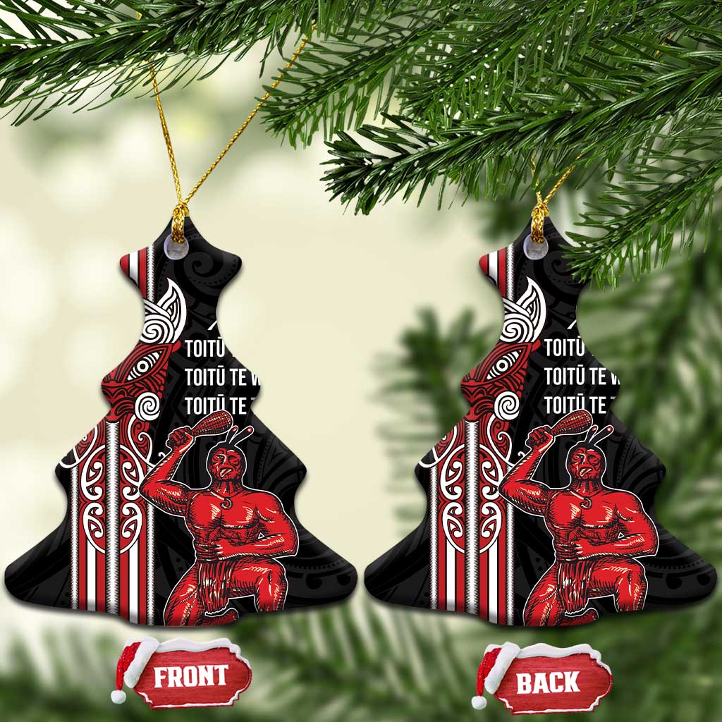 Toitu Te Reo Maori Toitu Te Whenua Toitu Te Tiriti Ceramic Ornament Maori Warrior LT01 Christmas Tree Black - Polynesian Pride