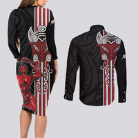 Toitu Te Reo Maori Toitu Te Whenua Toitu Te Tiriti Couples Matching Long Sleeve Bodycon Dress and Long Sleeve Button Shirt Maori Warrior New Zealand LT01 - Polynesian Pride
