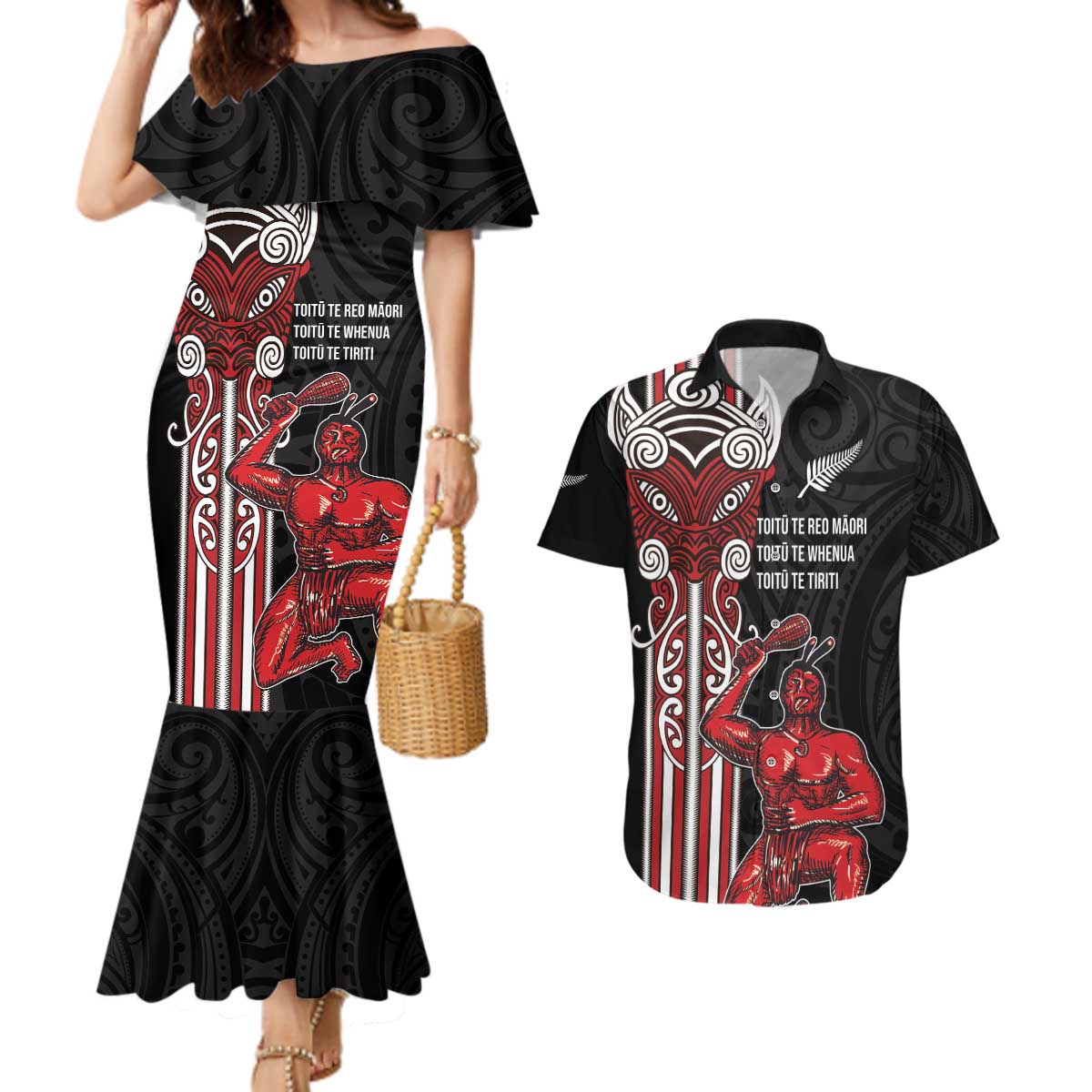 Toitu Te Reo Maori Toitu Te Whenua Toitu Te Tiriti Couples Matching Mermaid Dress and Hawaiian Shirt Maori Warrior New Zealand LT01 Black - Polynesian Pride
