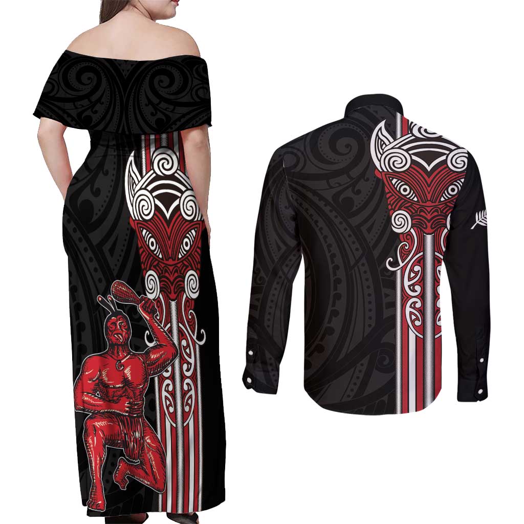 Toitu Te Reo Maori Toitu Te Whenua Toitu Te Tiriti Couples Matching Off Shoulder Maxi Dress and Long Sleeve Button Shirt Maori Warrior New Zealand LT01 - Polynesian Pride