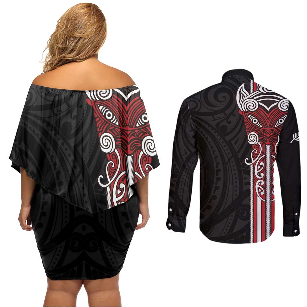 Toitu Te Reo Maori Toitu Te Whenua Toitu Te Tiriti Couples Matching Off Shoulder Short Dress and Long Sleeve Button Shirt Maori Warrior New Zealand LT01 - Polynesian Pride