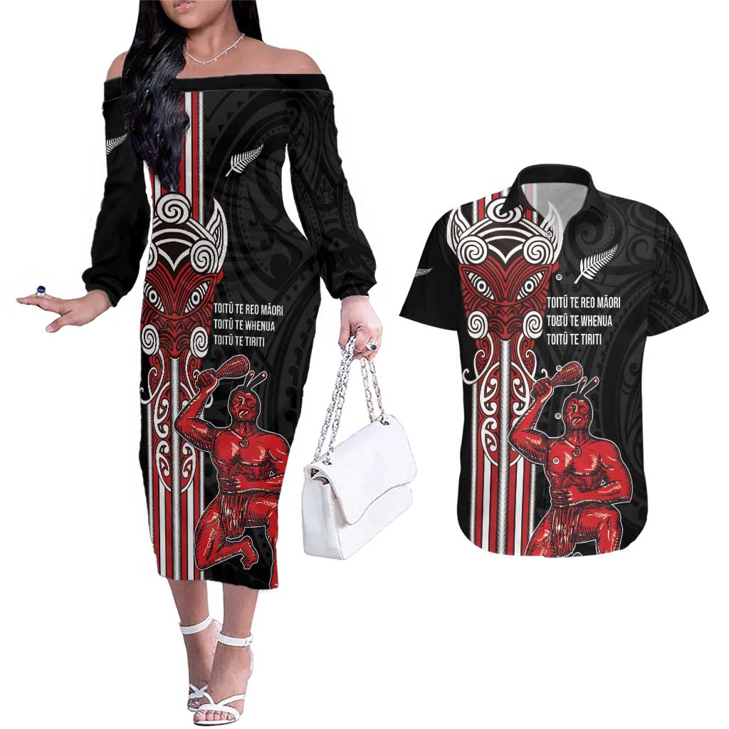 Toitu Te Reo Maori Toitu Te Whenua Toitu Te Tiriti Couples Matching Off The Shoulder Long Sleeve Dress and Hawaiian Shirt Maori Warrior New Zealand LT01 Black - Polynesian Pride