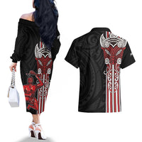 Toitu Te Reo Maori Toitu Te Whenua Toitu Te Tiriti Couples Matching Off The Shoulder Long Sleeve Dress and Hawaiian Shirt Maori Warrior New Zealand LT01 - Polynesian Pride