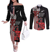 Toitu Te Reo Maori Toitu Te Whenua Toitu Te Tiriti Couples Matching Off The Shoulder Long Sleeve Dress and Long Sleeve Button Shirt Maori Warrior New Zealand LT01 Black - Polynesian Pride