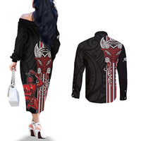 Toitu Te Reo Maori Toitu Te Whenua Toitu Te Tiriti Couples Matching Off The Shoulder Long Sleeve Dress and Long Sleeve Button Shirt Maori Warrior New Zealand LT01 - Polynesian Pride
