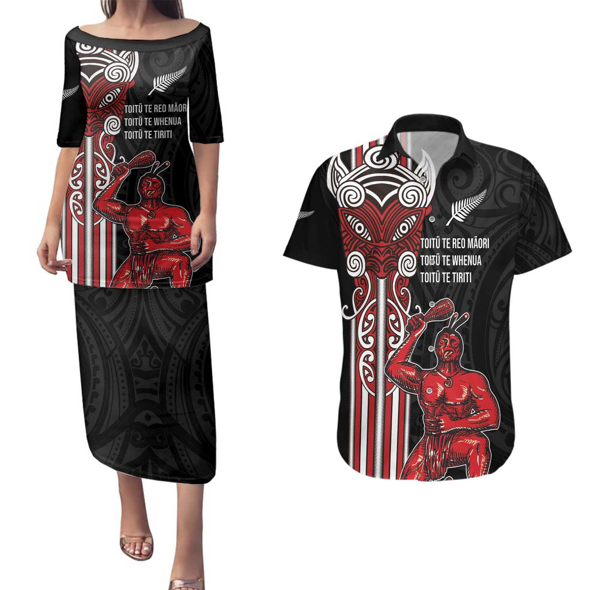 Toitu Te Reo Maori Toitu Te Whenua Toitu Te Tiriti Couples Matching Puletasi and Hawaiian Shirt Maori Warrior New Zealand LT01 Black - Polynesian Pride